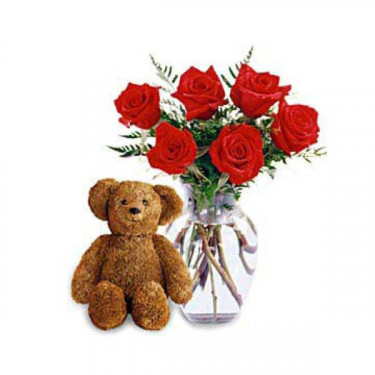 Six Premium Long Stemmed Roses with a Bear